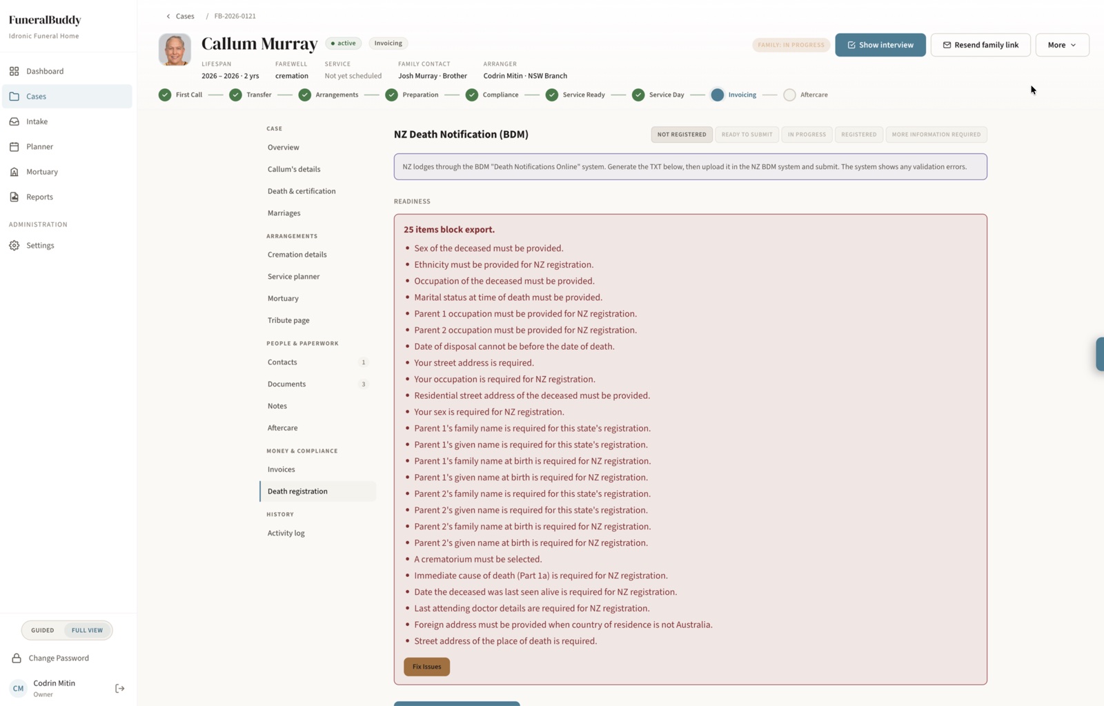 FuneralBuddy death registration screen listing every item still required before BDM lodgement can proceed