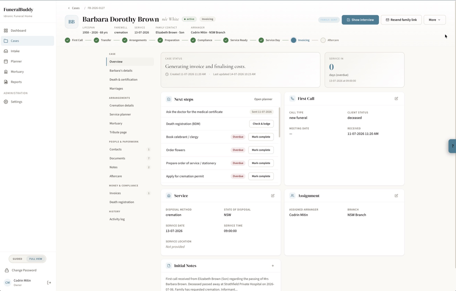 A case file in FuneralBuddy showing the phase progress bar, next steps checklist, service details and first call summary