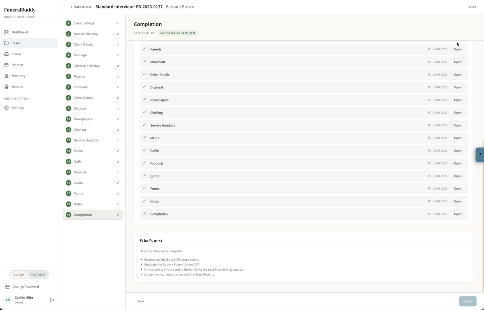 The FuneralBuddy arrangement interview showing 19 completed steps from case settings through disposal, coffin, products, quote and forms