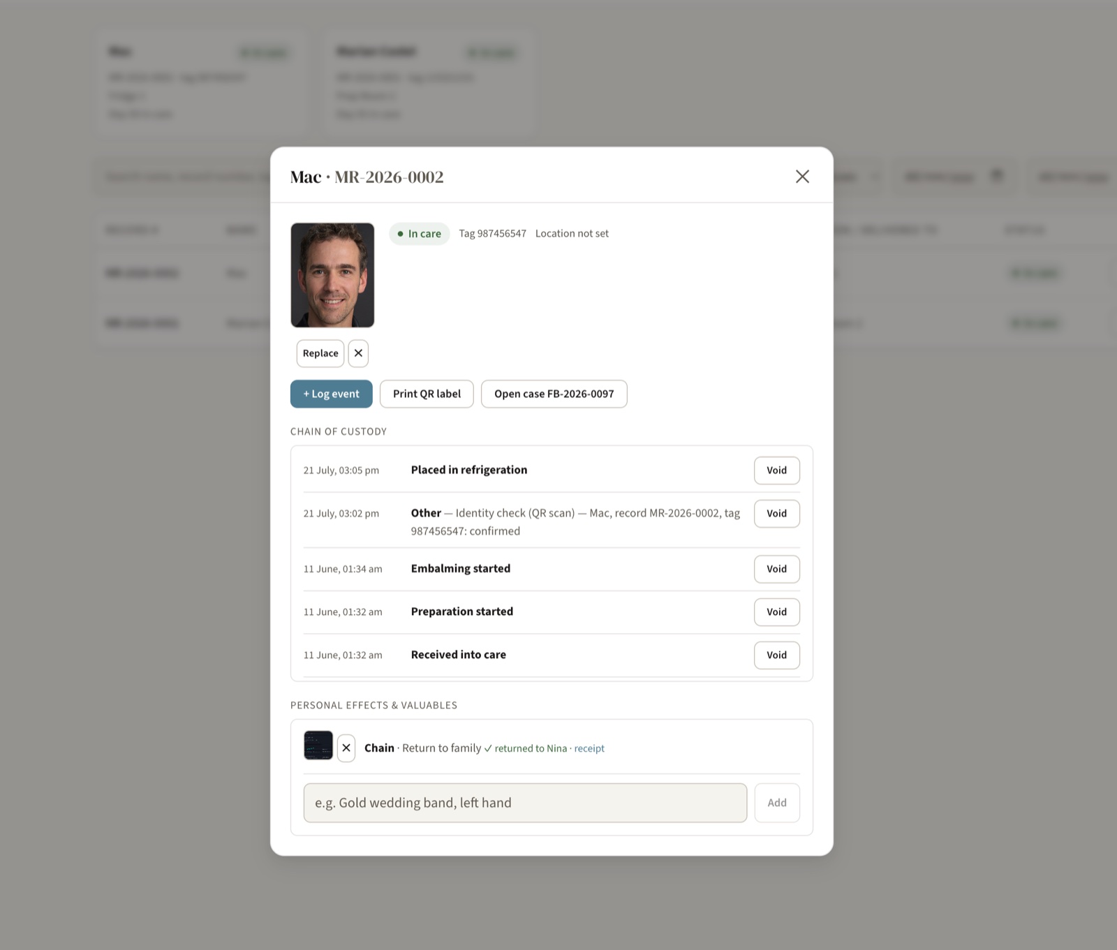 FuneralBuddy mortuary record showing a chain of custody timeline with QR identity check, refrigeration and preparation events plus personal effects tracking