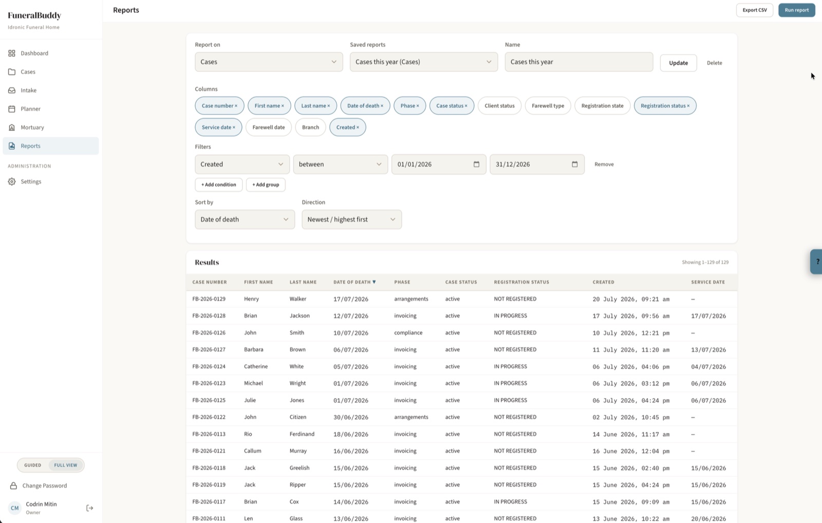 FuneralBuddy custom report builder with column pickers, date-range filters, sorting and a results table of cases ready to export